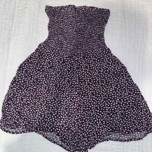 Strapless Navy Blue and Pink Floral Romper With Pockets